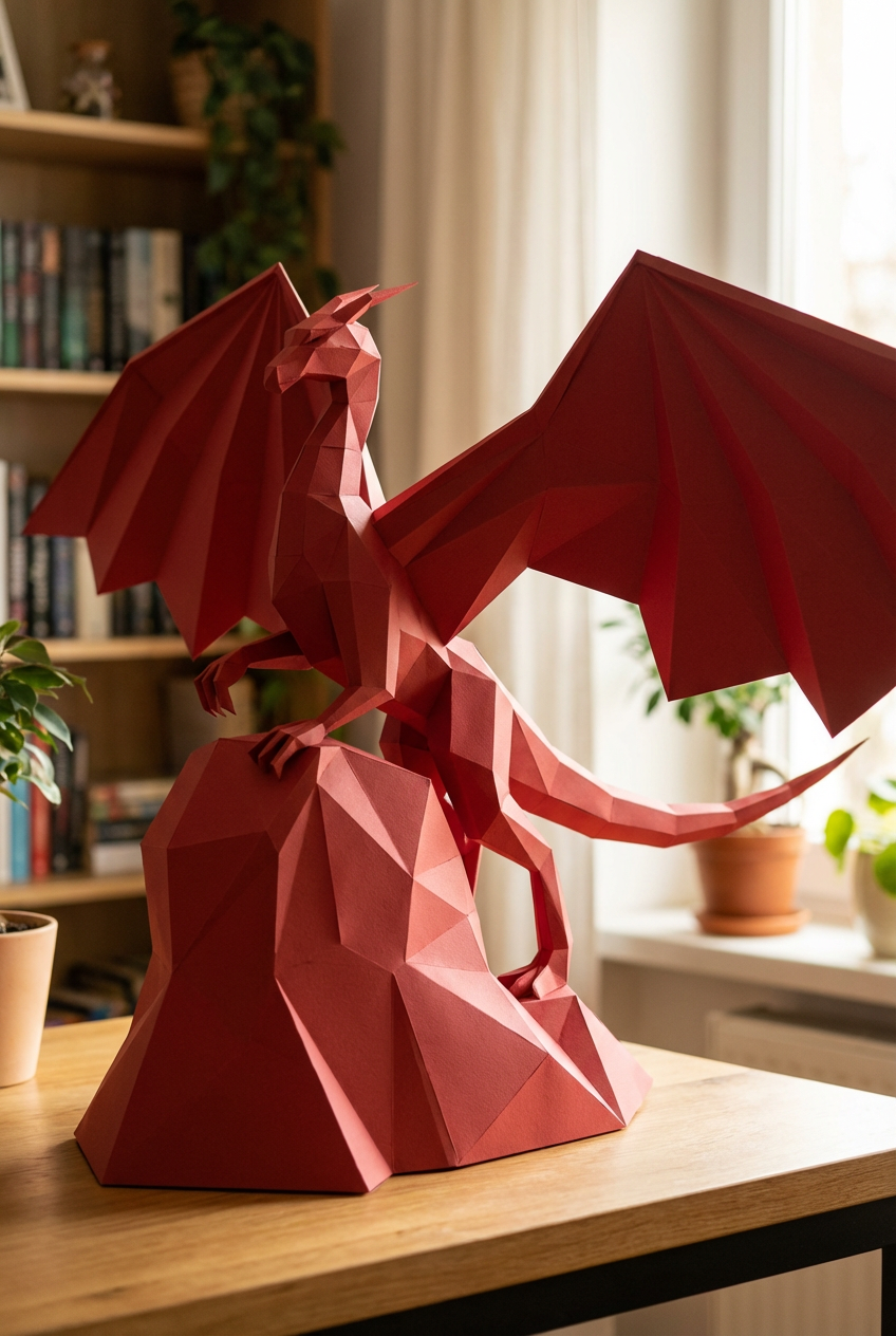 3D polygonal paper dragon figure to assemble on a rock 43x60x36 – DIY papercraft decorative kit, modern geometric sculpture for table or shelf - Mi tienda