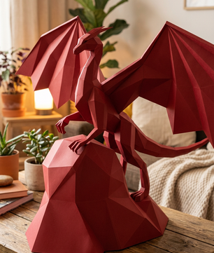 3D polygonal paper dragon figure to assemble on a rock 43x60x36 – DIY papercraft decorative kit, modern geometric sculpture for table or shelf - Mi tienda