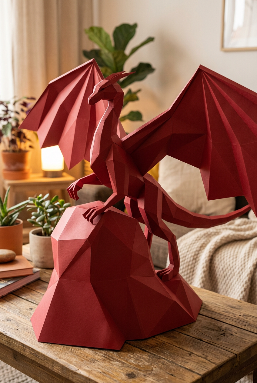 3D polygonal paper dragon figure to assemble on a rock 43x60x36 – DIY papercraft decorative kit, modern geometric sculpture for table or shelf - Mi tienda