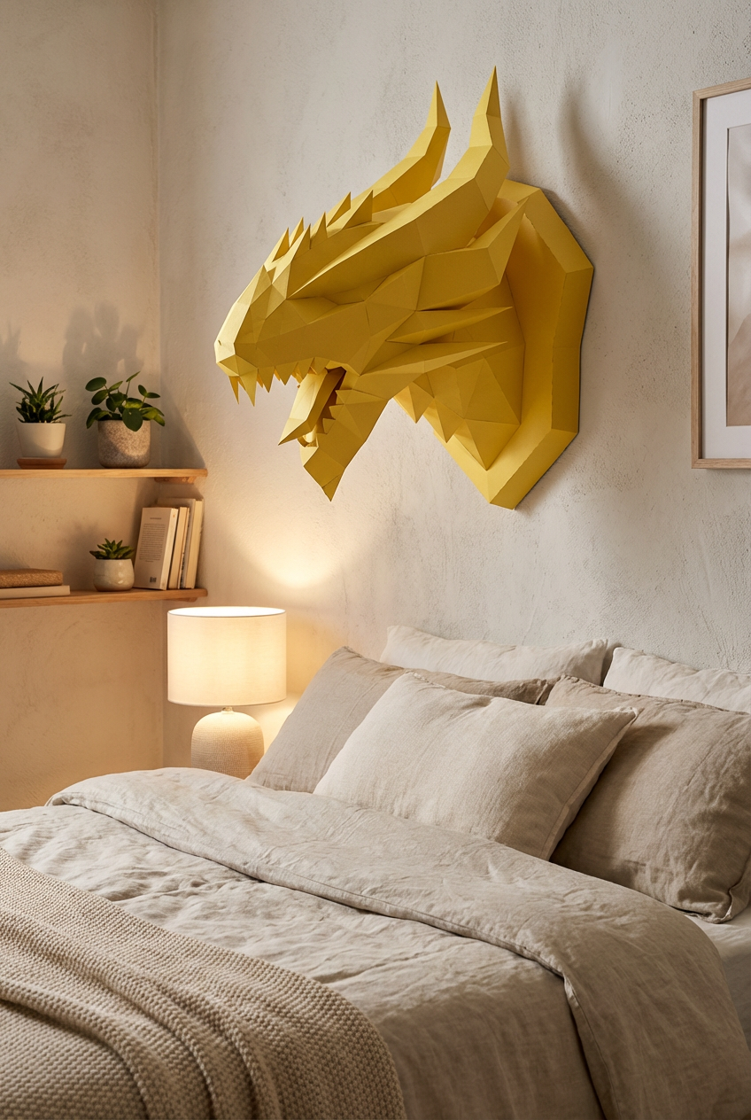 3D polygonal paper dragon head figure for assembly 40 x 29 x 25 – decorative papercraft DIY kit, modern geometric sculpture for wall above the bed - Mi tienda