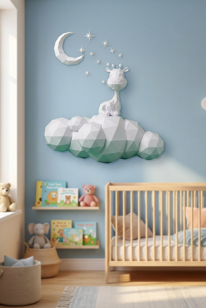 Cute wall giraffe 3D papercraft polygonal paper figure for assembly 50x45x16, 272 parts – DIY craft, sculptural cardboard giraffe for kids room wall decor