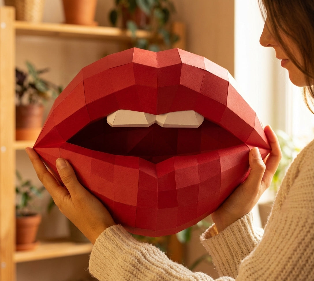 3D lips with teeth papercraft, polygonal paper figure for assembly, 35x26x20 cm, 49 parts – DIY geometric sculpture, unique wall art for creative workspace