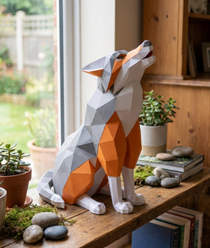 Wolf Sculpture 3D Papercraft Howling - Large Geometric Gray & Orange Wolf DIY Kit - 40cm Tall Low Poly Animal Wall/Table Decor - Mi tienda