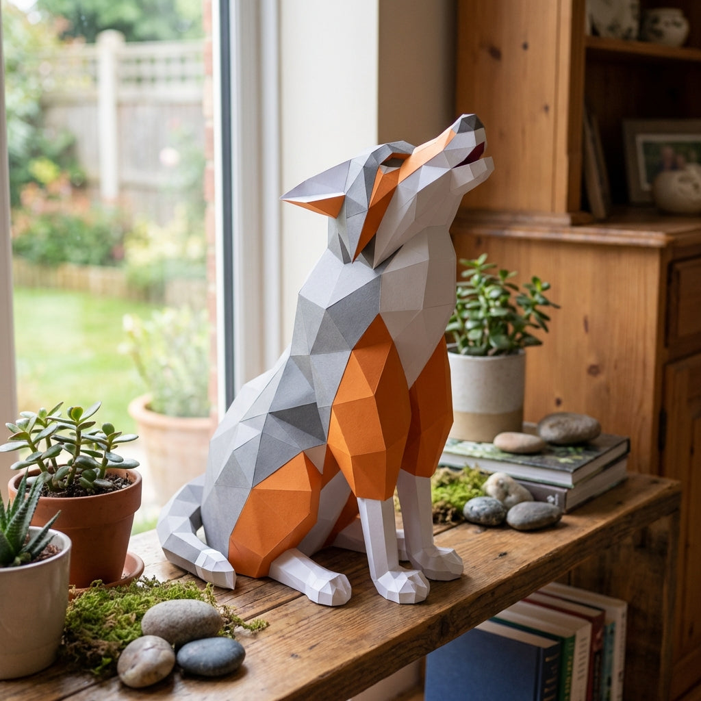 Wolf Sculpture 3D Papercraft Howling - Large Geometric Gray & Orange Wolf DIY Kit - 40cm Tall Low Poly Animal Wall/Table Decor - Mi tienda