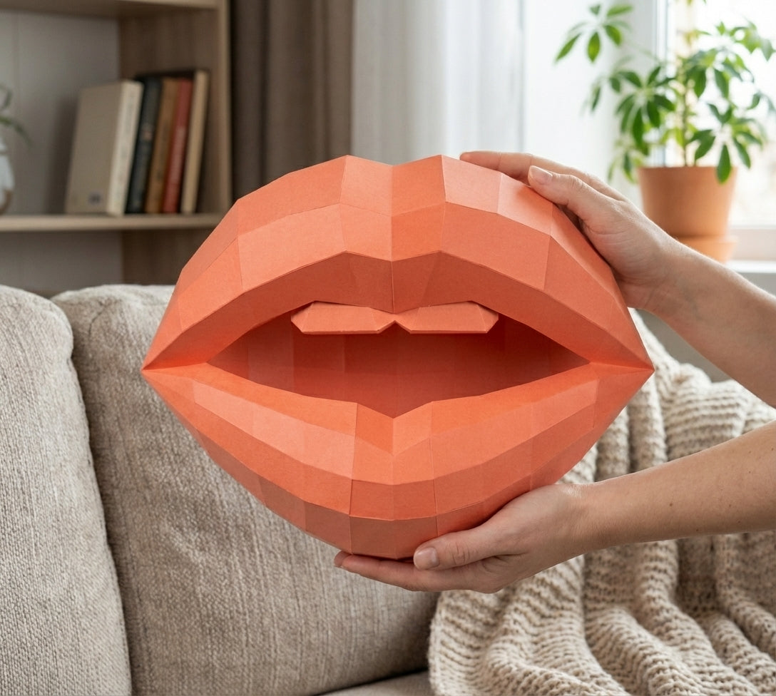 3D lips with teeth papercraft, polygonal paper figure for assembly, 35x26x20 cm, 49 parts – DIY geometric sculpture, unique wall art for creative workspace