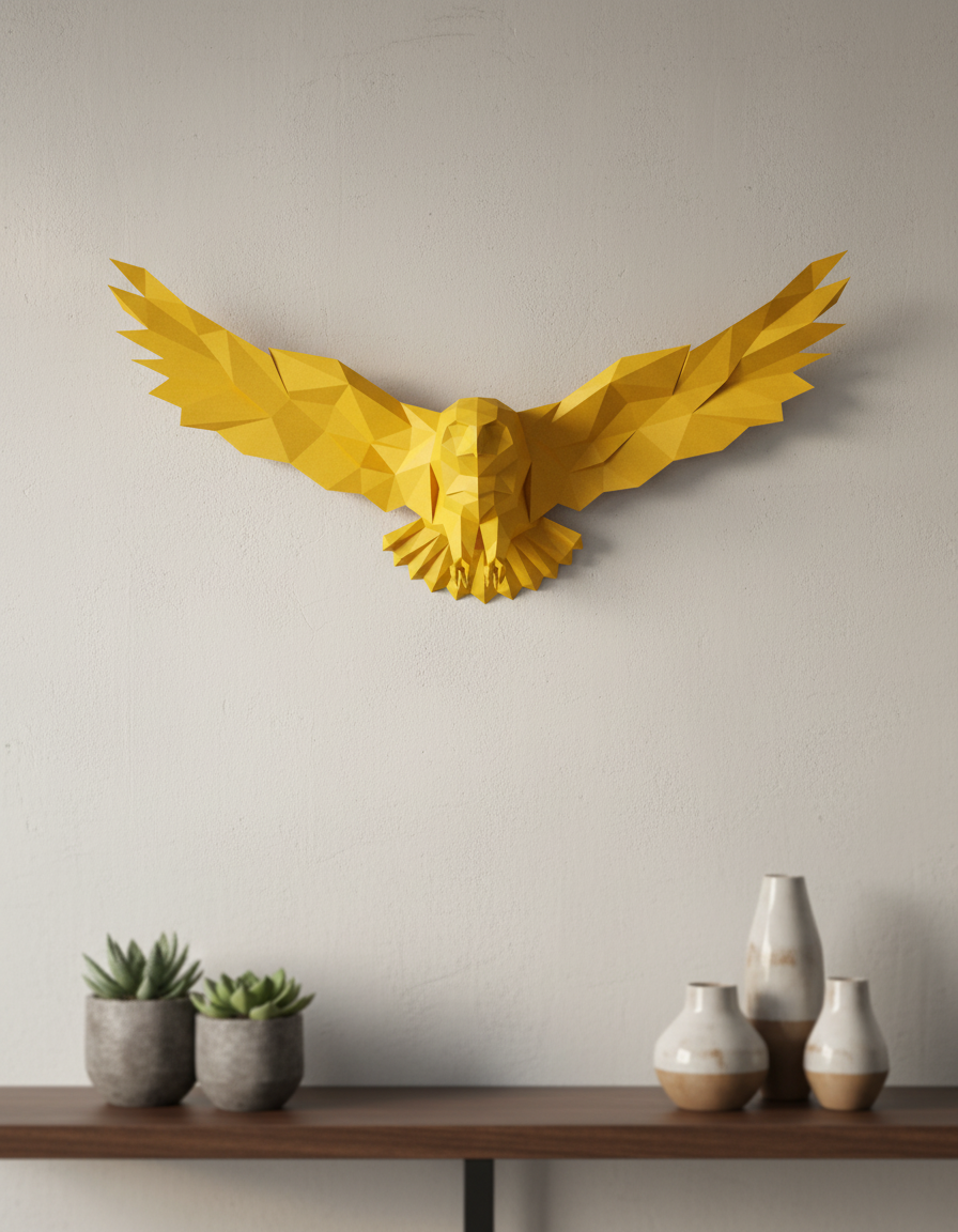 Figura decorativa: búho poligonal de papel con alas desplegadas 75x36x35, manualidades 3D para montar — PaperCraft DIY