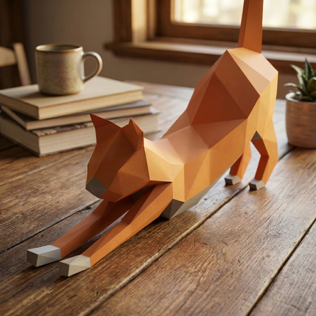 Discover our stretching cat 3D papercraft kit — a creative paper project for mindful breaks and modern home accents. This hand-assembled polygonal feline adds a quirky touch to your office - Mi tienda