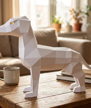 Cute ginger dog 3D papercraft polygonal paper figure for assembly, 50x37x18 cm, 65 parts – DIY craft, sculptural cardboard dog, geometric decor for entryway