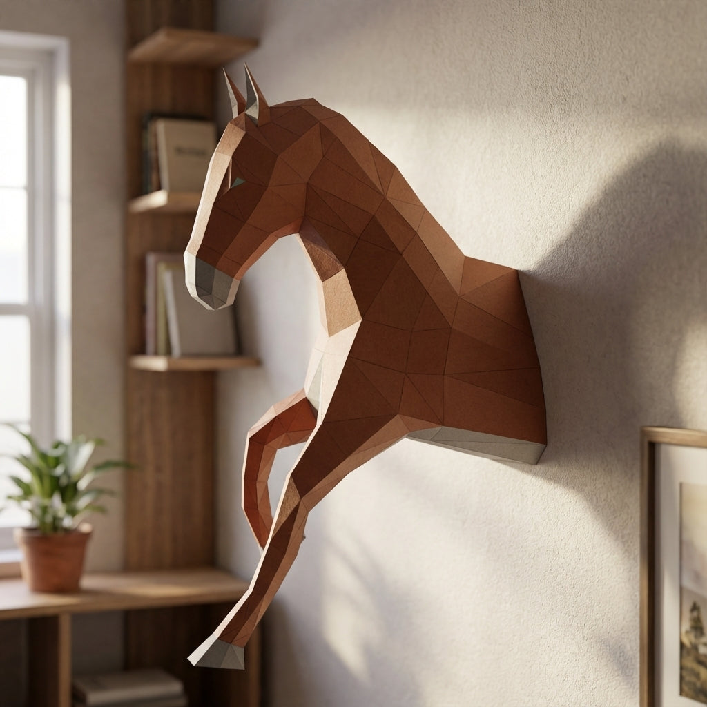 Cabeza de caballo para colgar en la pared papercraft 3D, escultura de papel poligonal DIY, 51x16x35 cm, 59 piezas – Decoración de pared geométrica, kit de montaje, trofeo de caballo decorativo para dormitorio juvenil