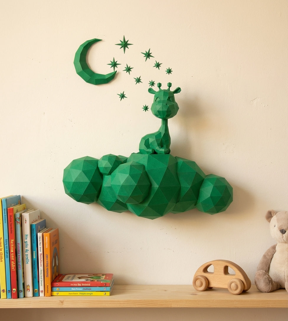 Cute wall giraffe 3D papercraft polygonal paper figure for assembly 50x45x16, 272 parts – DIY craft, sculptural cardboard giraffe for kids room wall decor