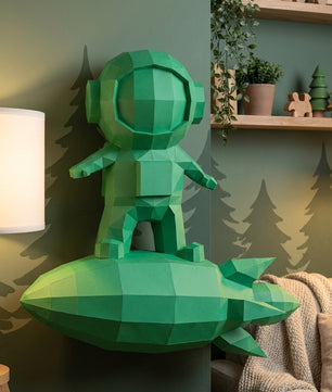 3D small astronaut on rocket papercraft polygonal paper figure 42x32x11 – DIY craft, modern geometric sculpture for wall décor