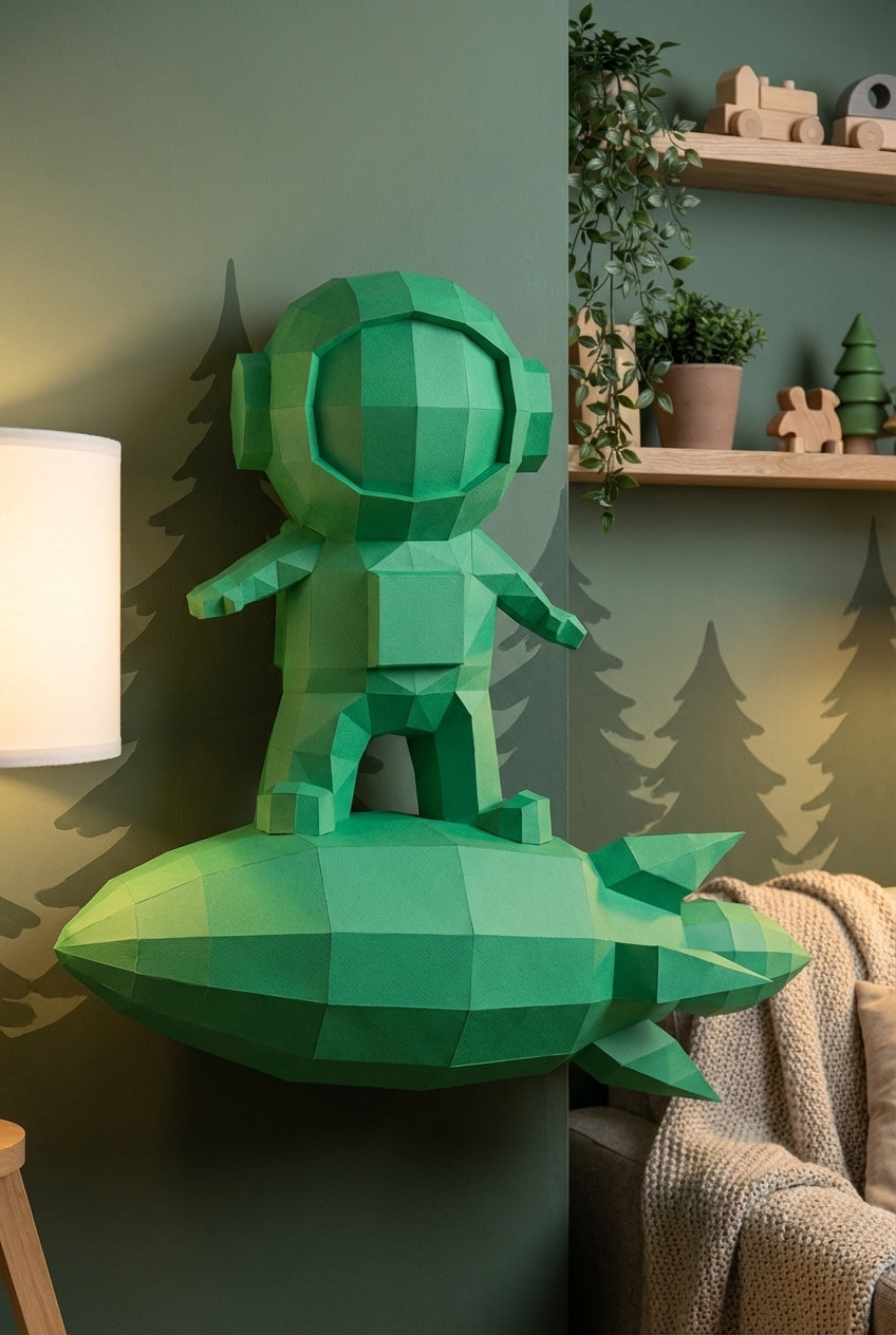 3D small astronaut on rocket papercraft polygonal paper figure 42x32x11 – DIY craft, modern geometric sculpture for wall décor