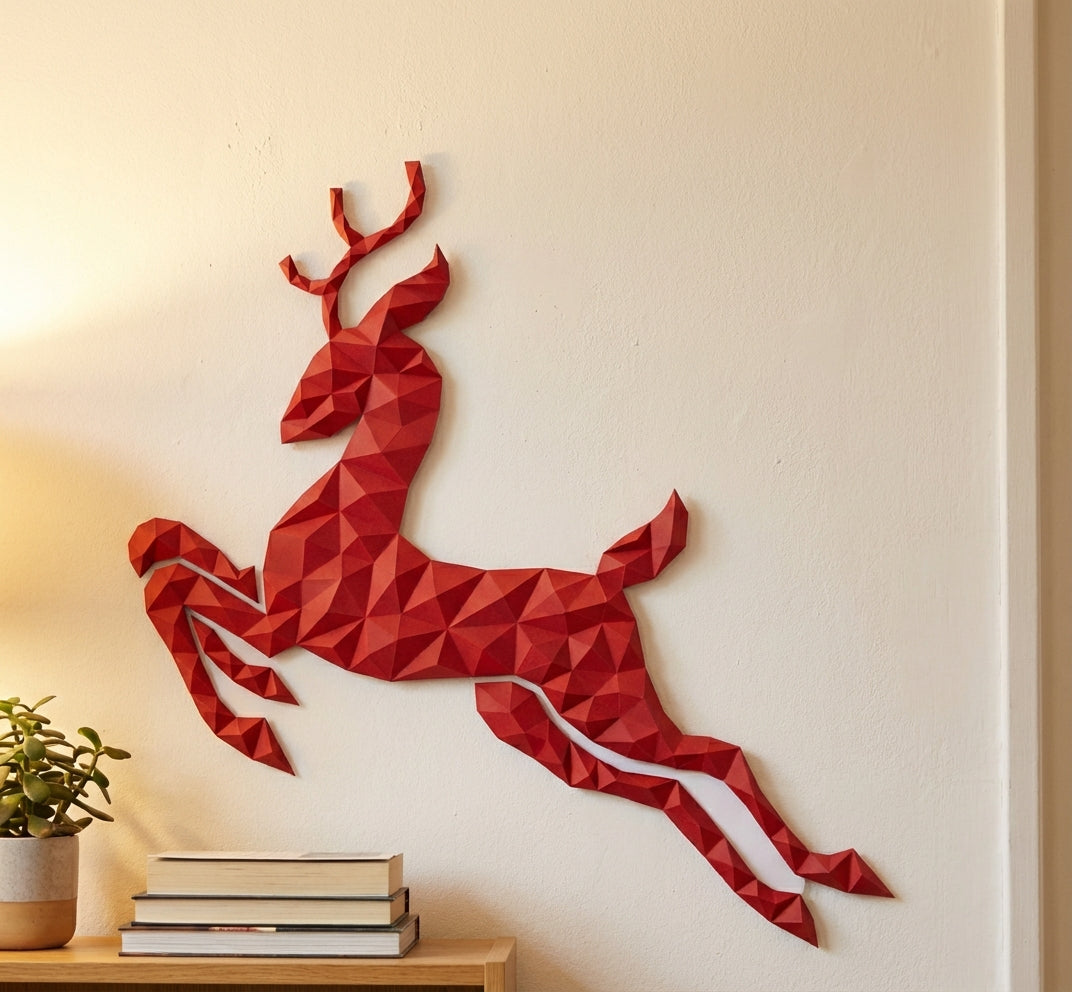 Modern flat deer wall papercraft, 56x57x2 cm geometric 3D polygonal silhouette, DIY creative kit for striking living room or hallway wall art, bold red home decor - Mi tienda