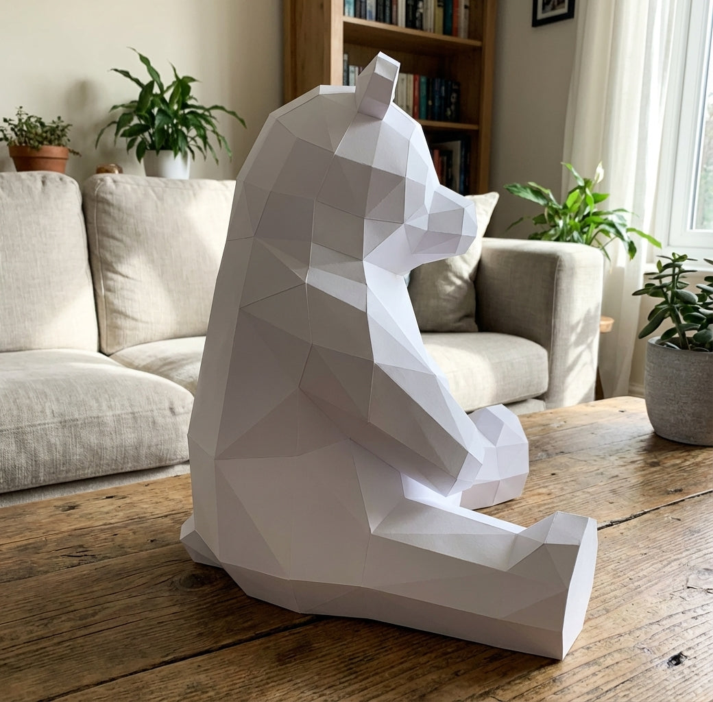 Polygonal panda papercraft, 3d geometric sculpture, 61-piece diy paper kit, 32x35x35 cm, modern handmade decor for home or office - Mi tienda