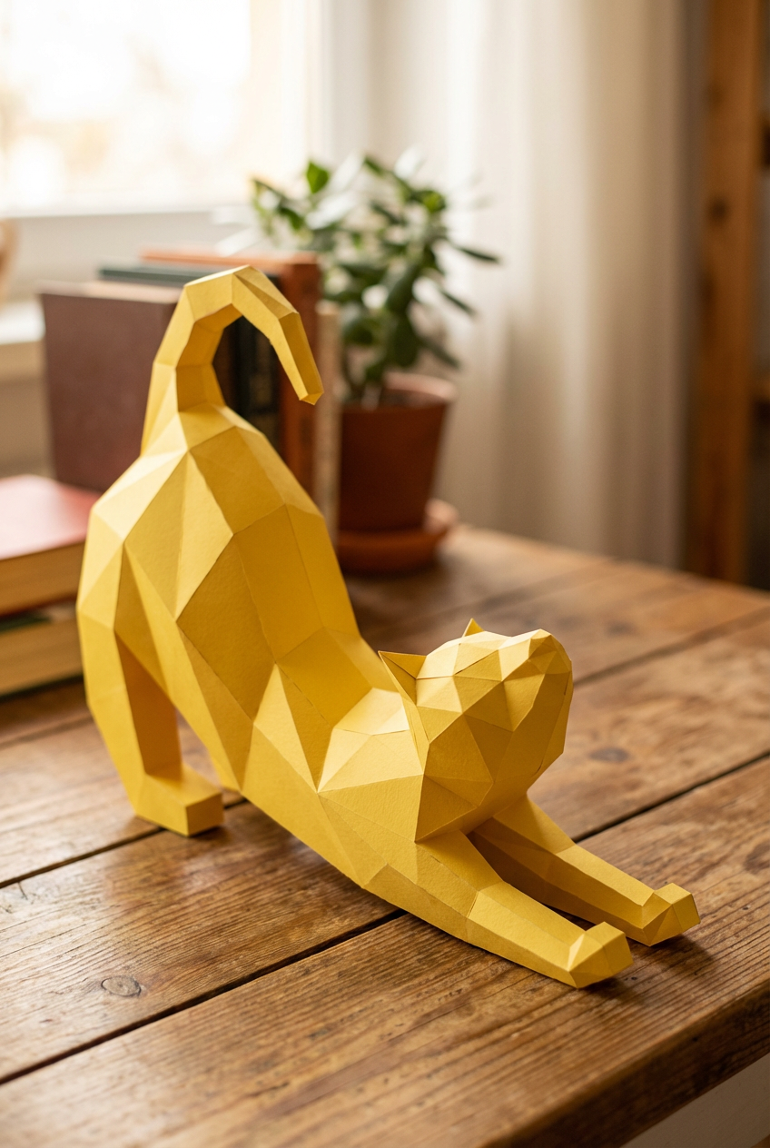 Figura Poligonal 3D de Gato en Papel para Montar 40x32x12 – Kit Decorativo PaperCraft DIY, Escultura Geométrica Moderna para Mesa o Estantería