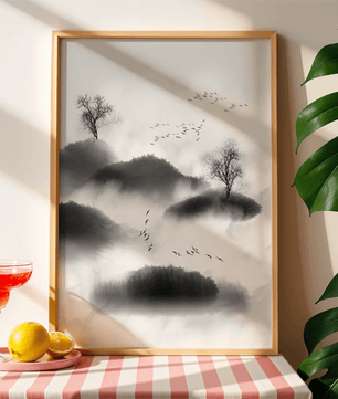 Misty mountains with flying birds in monochrome ink style - Mi tienda