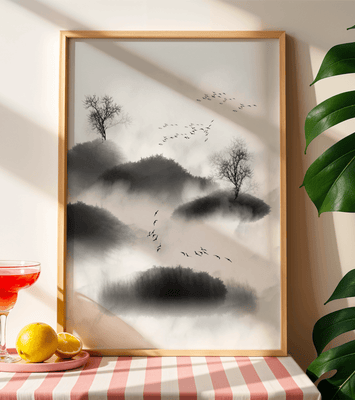 Misty mountains with flying birds in monochrome ink style