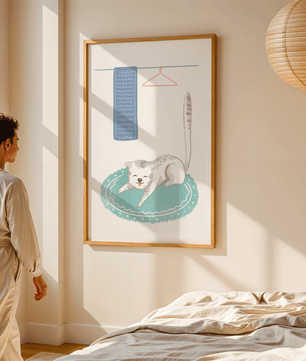 Cute stretching cat on a cozy rug in a soft pastel illustration - Mi tienda