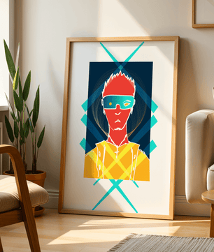 Cyberpunk warrior in geometric neon hues for modern decor - Mi tienda