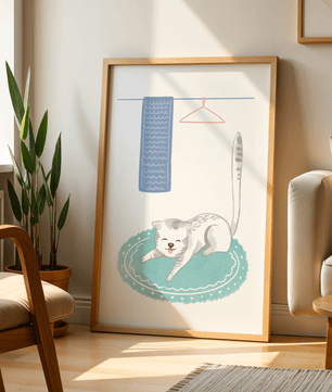 Cute stretching cat on a cozy rug in a soft pastel illustration - Mi tienda