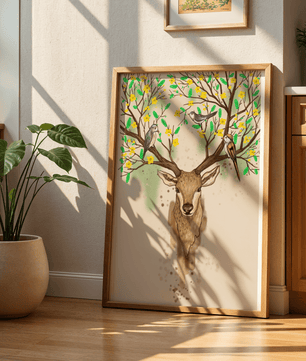 Majestic deer with blooming antlers and birds illustration - Mi tienda