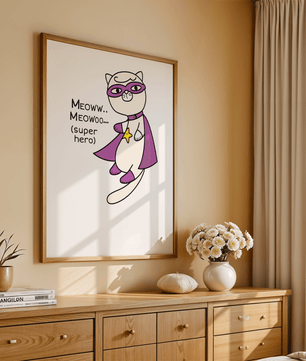 Superhero cat illustration with comic-style text - Mi tienda