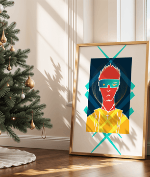 Cyberpunk warrior in geometric neon hues for modern decor - Mi tienda