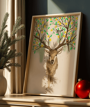 Majestic deer with blooming antlers and birds illustration - Mi tienda