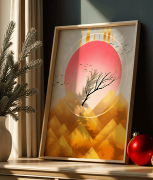 Golden sunrise over geometric mountains with a lone tree and flying birds - Mi tienda