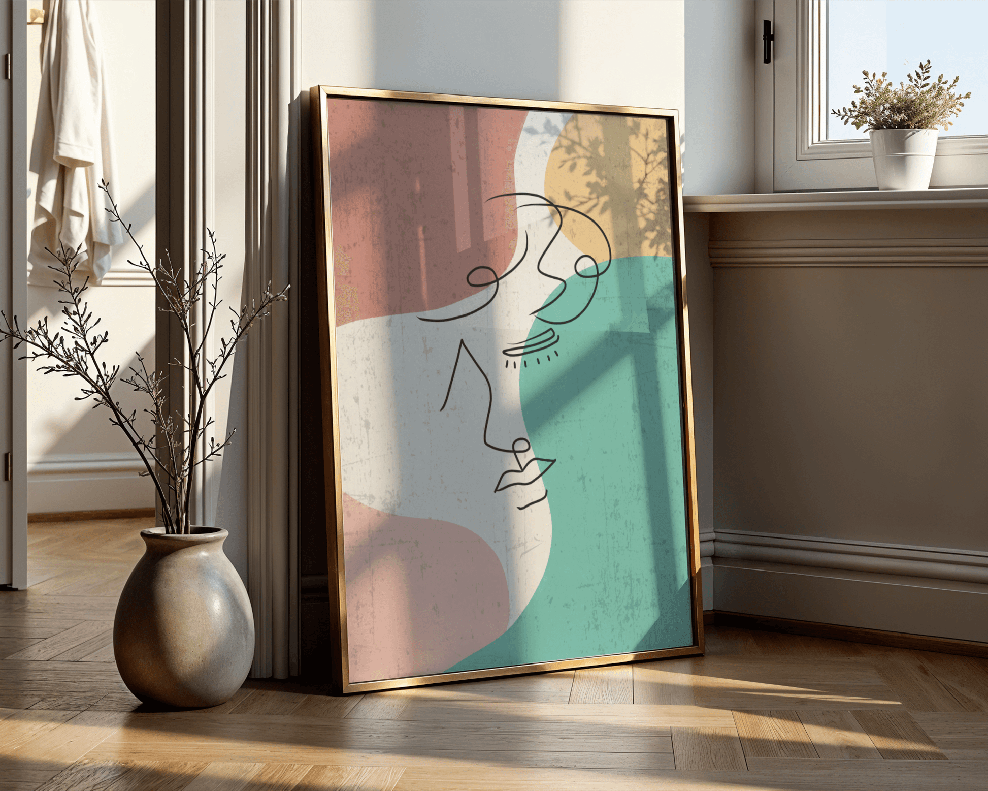 Abstract face line art with pastel colors, modern minimalist wall decor