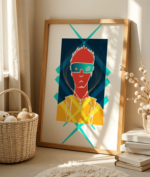 Cyberpunk warrior in geometric neon hues for modern decor - Mi tienda