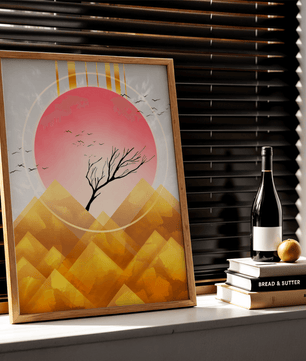 Golden sunrise over geometric mountains with a lone tree and flying birds - Mi tienda