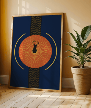 Golden deer with geometric moon phases in modern wall art - Mi tienda