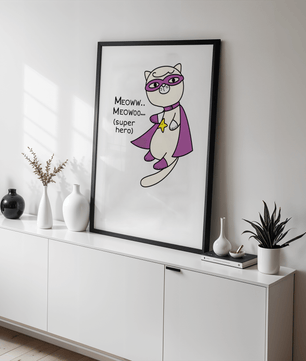 Superhero cat illustration with comic-style text - Mi tienda