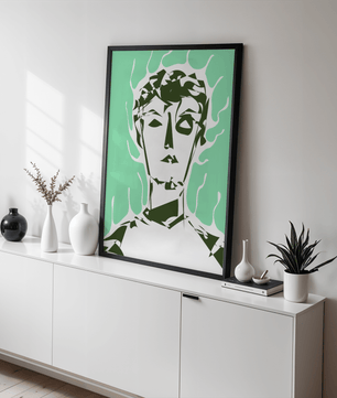 Modern abstract portrait with surreal green and white tones - Mi tienda