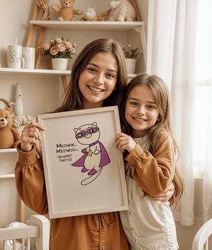 Superhero cat illustration with comic-style text - Mi tienda