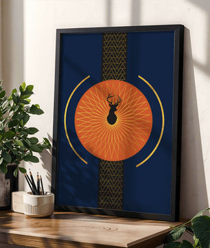 Golden deer with geometric moon phases in modern wall art - Mi tienda