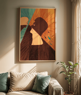 Surreal abstract illustration of two faces in a dramatic confrontation with expressive colors - Mi tienda