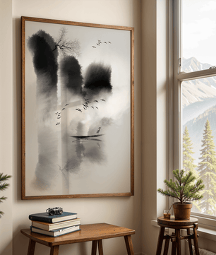 Serene misty landscape with birds and a lone heron - Mi tienda