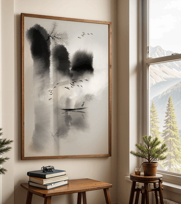 Serene misty landscape with birds and a lone heron