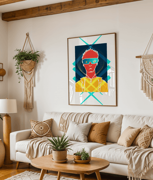 Cyberpunk warrior in geometric neon hues for modern decor - Mi tienda