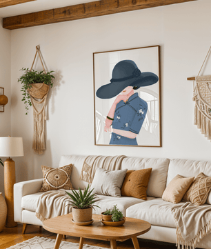 Elegant woman in a wide-brimmed hat and floral dress – stylish fashion artwork for modern interiors - Mi tienda