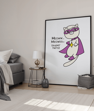 Superhero cat illustration with comic-style text - Mi tienda