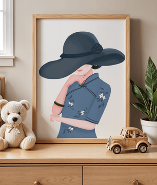 Elegant woman in a wide-brimmed hat and floral dress – stylish fashion artwork for modern interiors - Mi tienda