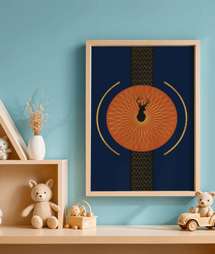 Golden deer with geometric moon phases in modern wall art - Mi tienda