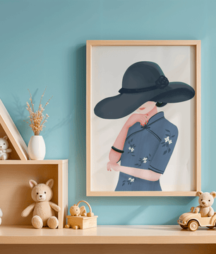 Elegant woman in a wide-brimmed hat and floral dress – stylish fashion artwork for modern interiors - Mi tienda