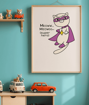 Superhero cat illustration with comic-style text - Mi tienda