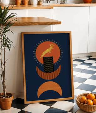 Golden deer on geometric abstract background – modern wall art in deep blue and burnt orange tones - Mi tienda