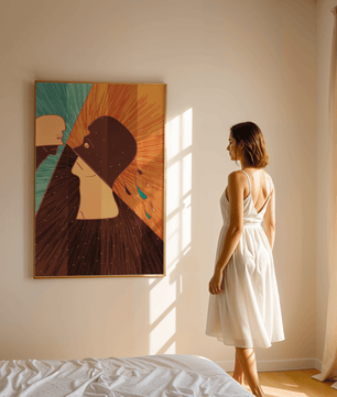 Surreal abstract illustration of two faces in a dramatic confrontation with expressive colors - Mi tienda