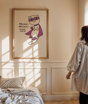 Superhero cat illustration with comic-style text - Mi tienda